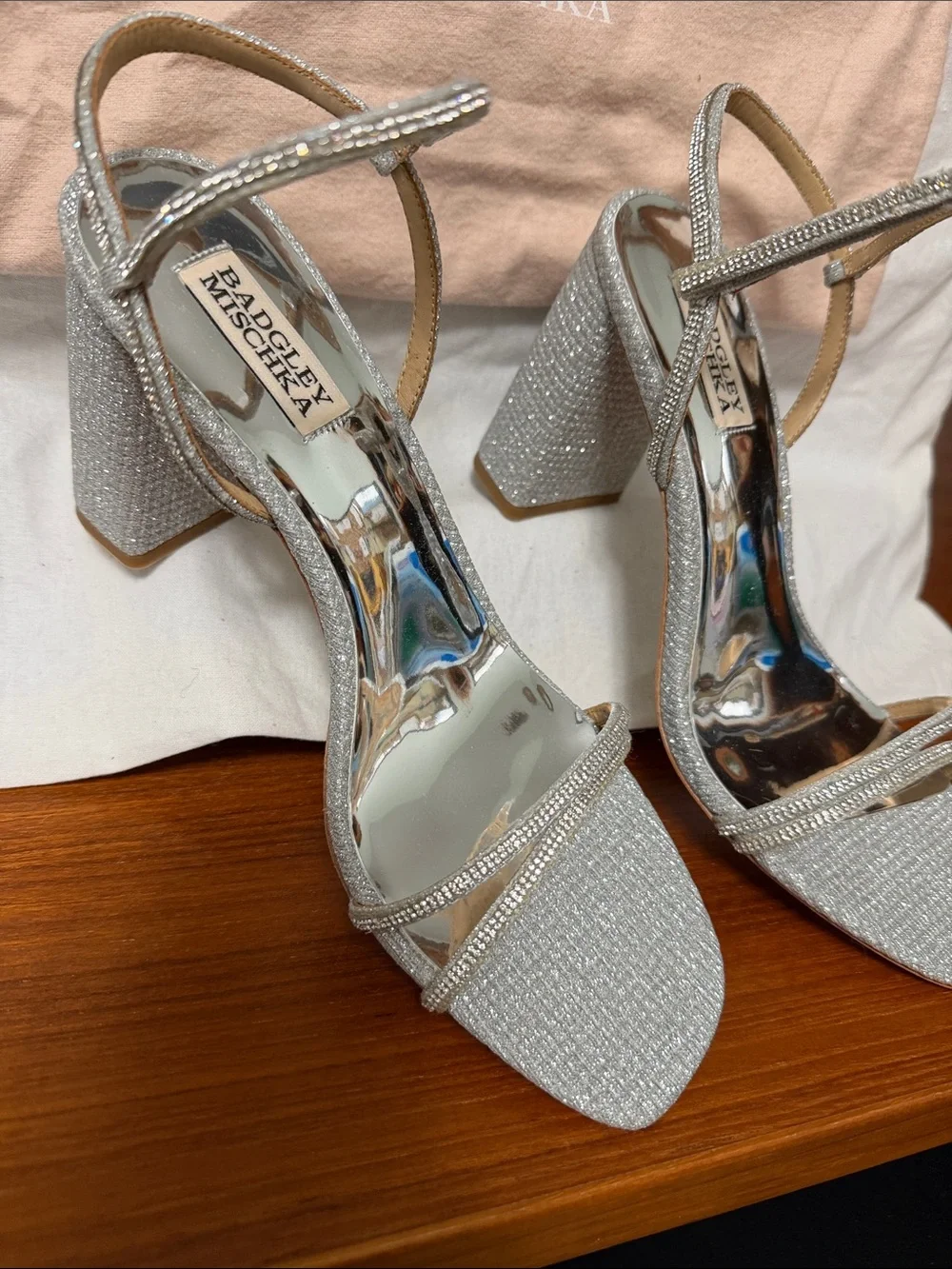 Badgley Mischka Sparkling Silver Strappy Block Heel Sandals